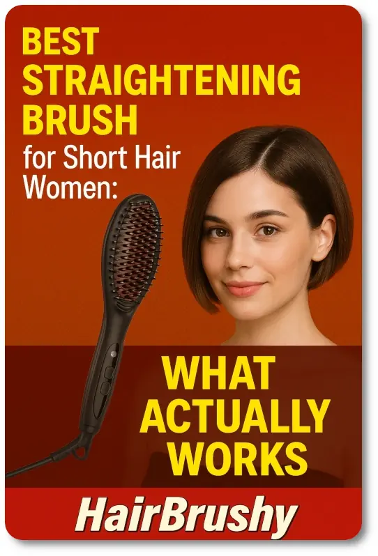 Promotional image featuring a young woman with sleek, straight short hair and a black straightening brush beside her. Bold yellow and white text on a red and orange background reads: 'Best Straightening Brush for Short Hair Women: What Actually Works