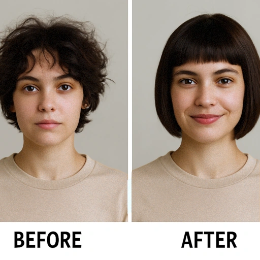 Best Straightening Brush for Short Hair Women-r Side-by-side before and after portraits of a young woman with short hair. On the left, her hair appears frizzy and unstyled; on the right, it's sleek, smooth, and straightened into a polished bob demonstrating the effectiveness of a straightening brush for short hair