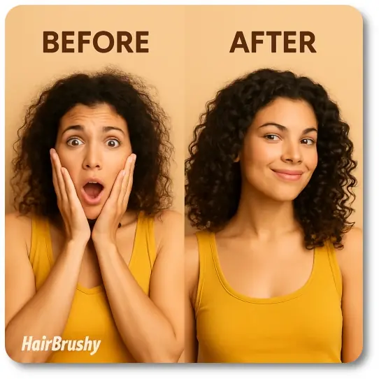 Before and after comparison of a young woman with curly hair. In the ‘before’ image, she looks frustrated with frizzy hair; in the ‘after’ image, her curls appear smooth, shiny, and well-defined.