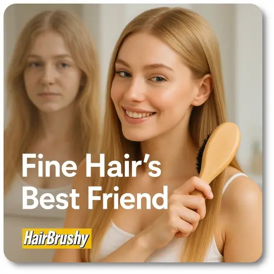 Woman brushing fine hair with boar bristle brush – shine and softness result- Boar Bristle Brush for Fine Hair