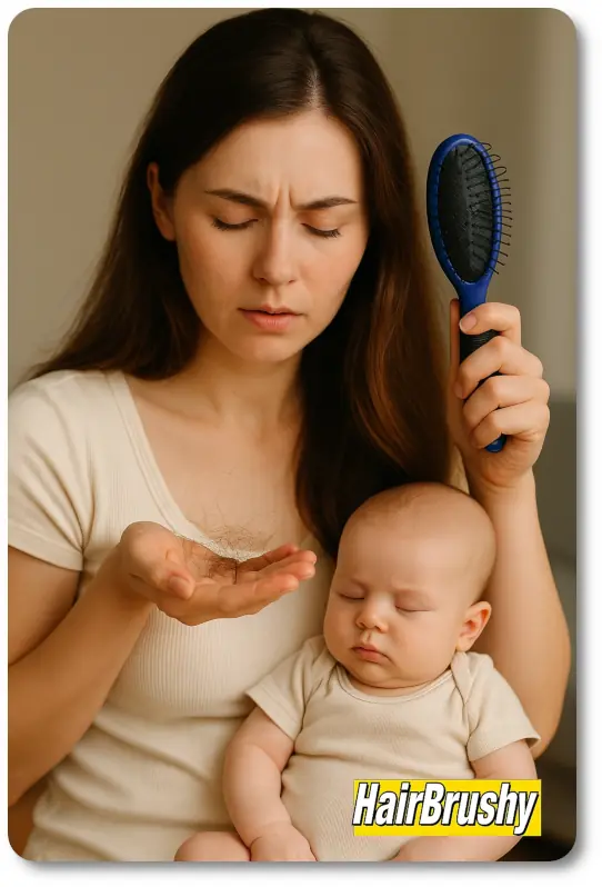 A young mother with long, slightly tousled hair sits on a bed holding a hairbrush full of shed hair, looking concerned. She is cradling a baby in one arm, capturing the emotional reality of postpartum hair loss in a gentle, relatable setting.