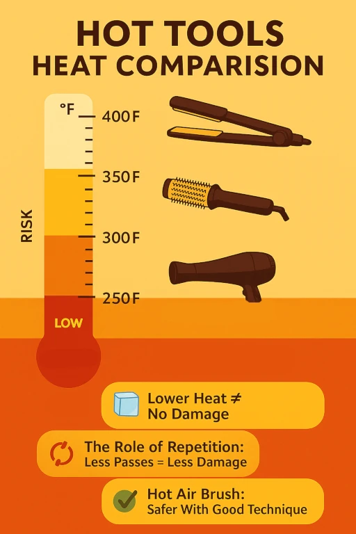Hot Tools Heat Comparison - HairBrushy Vertical infographic titled “Hot Tools Heat Comparison” with a yellow and red color scheme. A thermometer-style chart compares four hair styling tools by temperature: Flat Iron (400°F), Curling Iron (350°F), Hot Air Brush (300°F), and Blow Dryer (250°F). A labeled heat risk scale ranges from low to high. Below the chart, three tip sections are highlighted: (1) “Lower Heat ≠ No Damage” warns that lower temperatures still carry risk due to tension; (2) “The Role of Repetition: Less Passes = Less Damage” explains how multiple passes increase harm; and (3) “Hot Air Brush: Safer With Good Technique” recommends proper use to minimize damage.