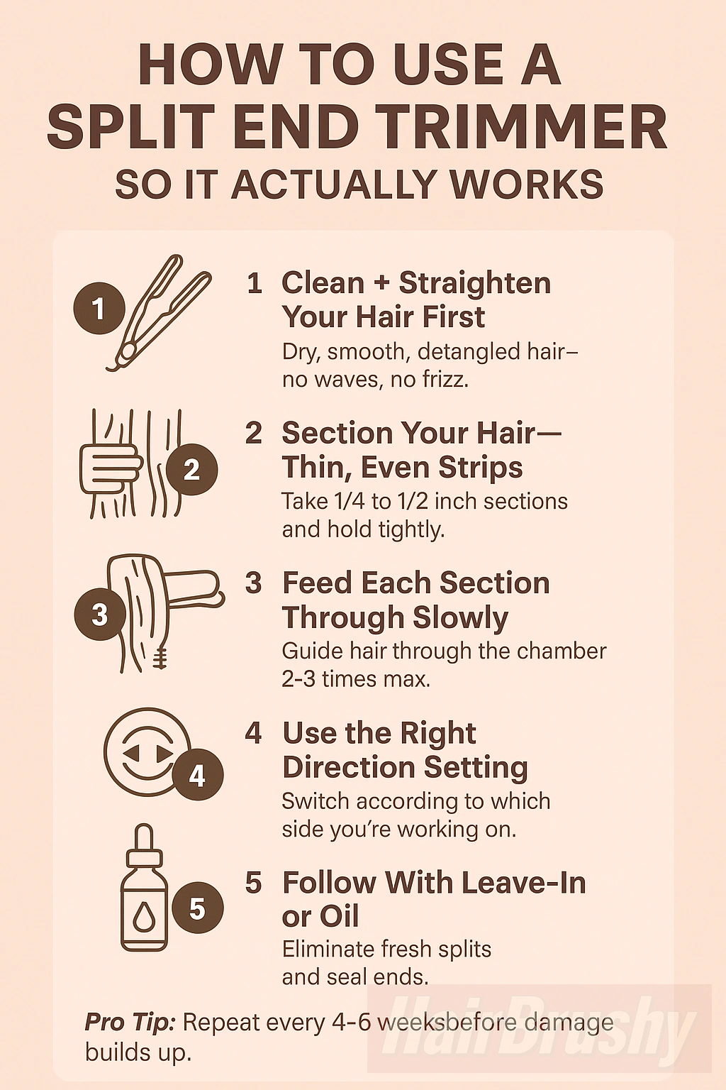How to Use a Split End Trimmer So It Actually Works Step-by-step infographic titled ‘How to Use a Split End Trimmer So It Actually Works,’ showing five illustrated tips: start with clean, dry, detangled hair; section hair into thin strips; feed hair slowly through trimmer; set correct direction; finish with leave-in conditioner or oil. Visual style is clean, instructional, and checklist-based for easy reading