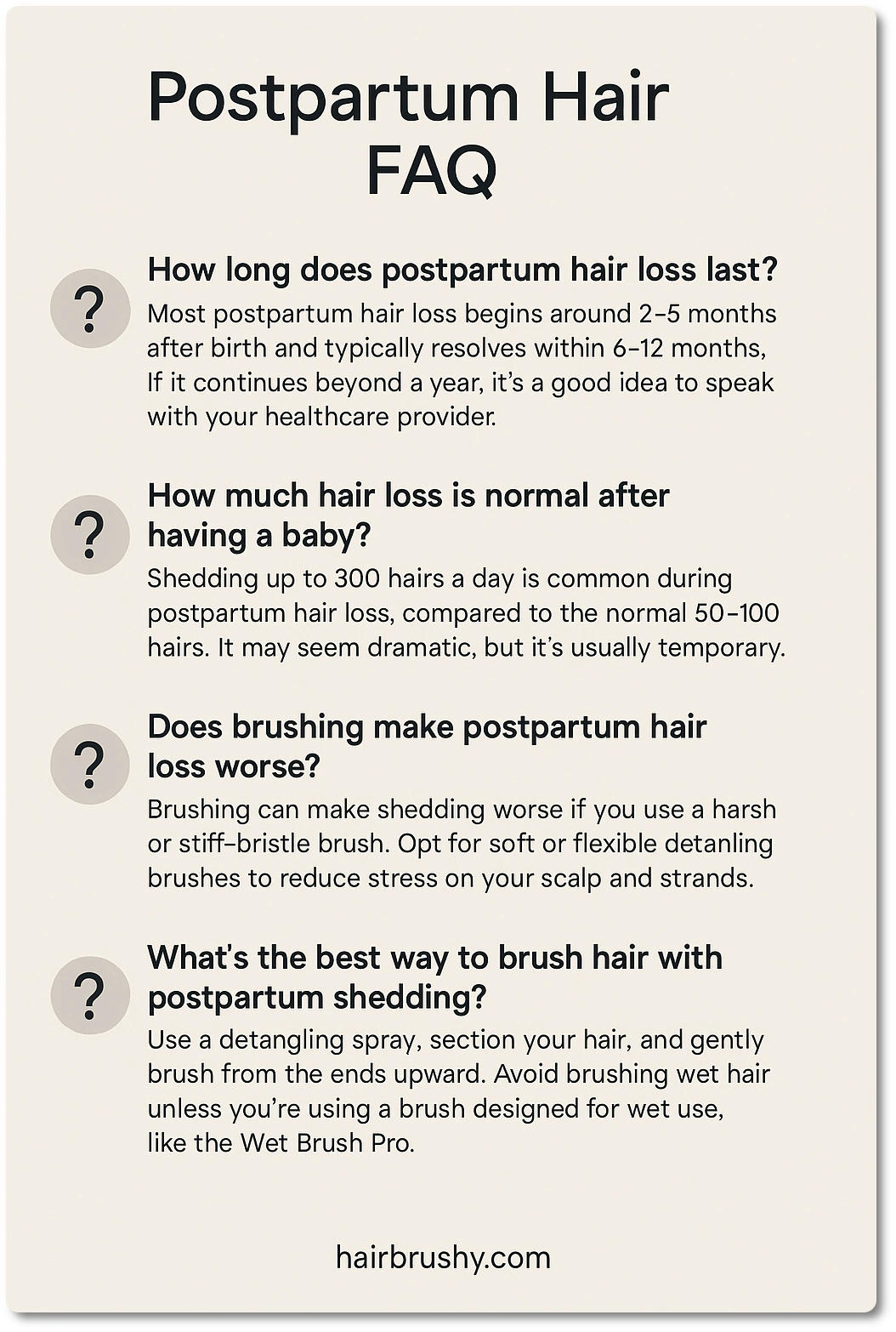 Postpartum Hair FAQ A soft pastel-colored infographic titled "Postpartum Hair Loss FAQs" featuring common questions like "How long does postpartum hair loss last?" and "What’s normal shedding?" with clean icons and text for quick, visual answers.