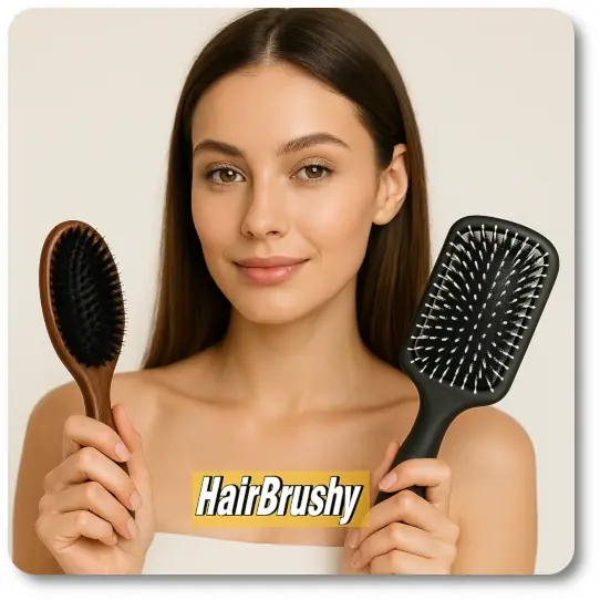 My Top Picks For Hair That Is Thinning - Young woman holding Kent boar bristle and Fromm paddle brush for thinning hair
