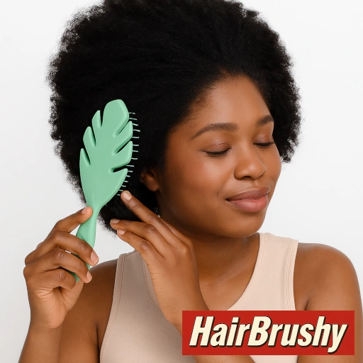 Alt text: A woman with 4B/4C natural hair smiles gently with her eyes closed while brushing her hair using a green leaf-shaped Wet Brush Go Green Curl Detangler. She is wearing a beige sleeveless top, and the HairBrushy logo appears in the bottom-right corner.