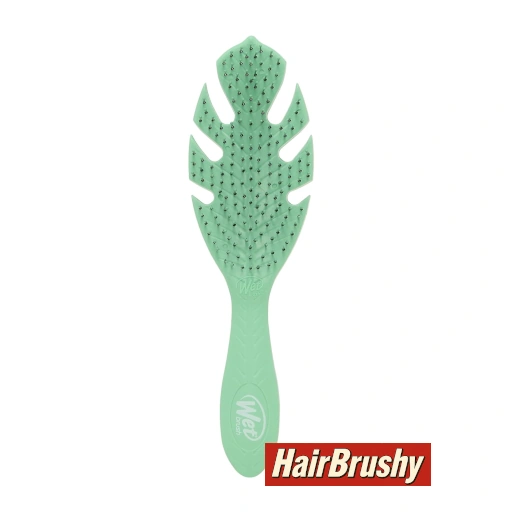 A green Wet Brush Go Green Curl Detangler with a leaf-shaped design and black bristles is displayed vertically against a white background. The HairBrushy logo in red and white is located in the bottom-right corner.