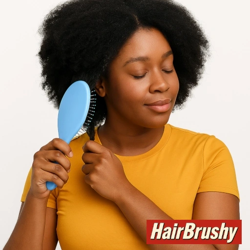 Alt text: A woman with 4B/4C natural hair gently brushes her hair using a blue Wet Brush Original Detangler, smiling softly with closed eyes. She wears a mustard yellow shirt, and the HairBrushy logo is displayed in the bottom-right corner.