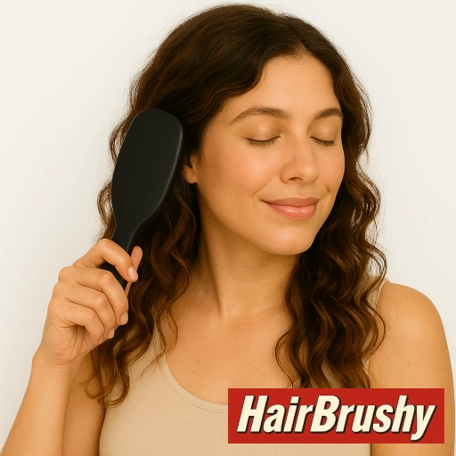 Alt text: A woman with wavy brown hair gently brushes her hair with a black Wet Brush Shine Enhancer while smiling softly with her eyes closed. She wears a beige sleeveless top, and the HairBrushy logo is visible in the bottom-right corner.