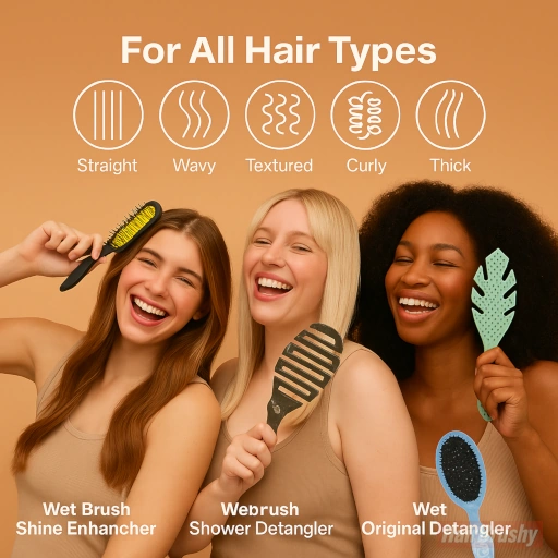 Wet Brush Showdown Which One Works for Your Hair Type Alt text: Three joyful women with different hair types straight, wavy, and curly hold various Wet Brushes under the heading “For All Hair Types,” with icons above representing each hair texture. Each brush is labeled: Wet Brush Shine Enhancer, Wet Brush Shower Detangler, and Wet Brush Original Detangler. The HairBrushy logo is in the bottom-right corner.