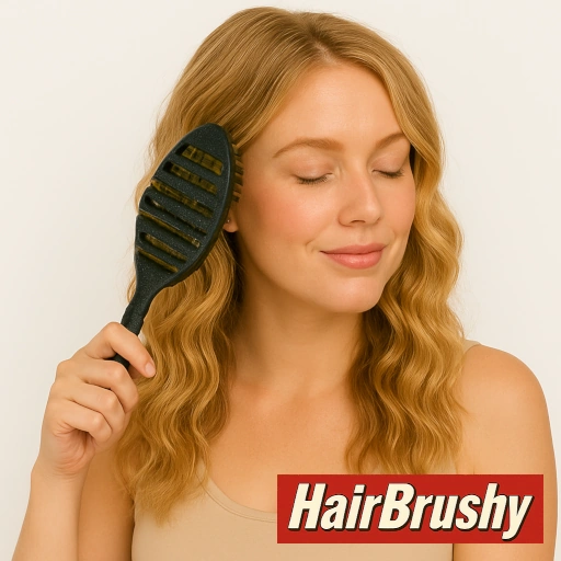 Alt text: A woman with wavy blonde hair gently brushes her hair with a black vented Wet Brush Shower Detangler while smiling with her eyes closed. She is wearing a beige tank top, and the HairBrushy logo appears in the bottom-right corner.