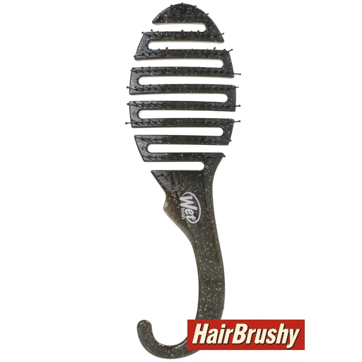 A black Wet Brush Shower Hair Brush Detangler with a curved handle and vented design featuring horizontal slats and black bristles is displayed vertically against a white background. The HairBrushy logo in red and white is shown in the bottom-right corner.