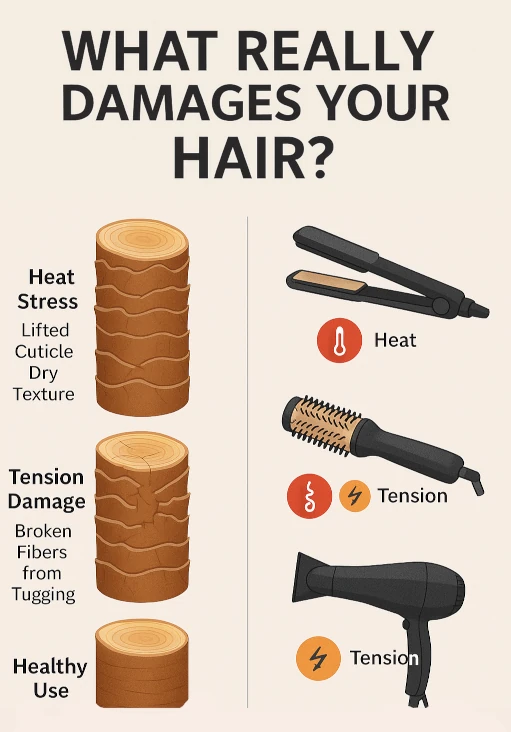What Really Damages Your Hair - HairBrushy Educational diagram titled “What Really Damages Your Hair?” showing three hair strand illustrations. The first shows heat stress with lifted cuticles and dry texture; the second shows tension damage with broken hair fibers from tugging; the third displays a healthy hair strand with a smooth, closed cuticle. The right side compares three styling tools flat iron (heat icon), hot air brush (heat and tension icons), and blow dryer (tension icon) to visually explain how different tools impact hair health through heat and friction.