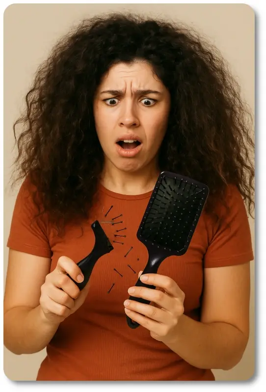 A young woman with thick, voluminous hair looks frustrated while holding the broken handle of a snapped paddle brush in one hand, with bristles scattered on the floor.