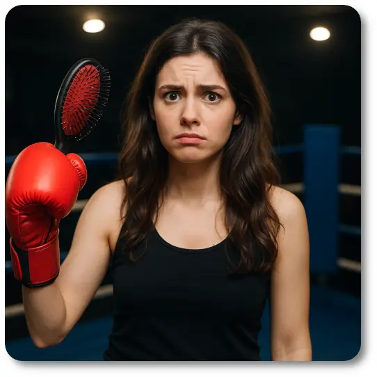 A high-resolution photograph of a young woman with curly natural hair in a boxing ring, holding a large detangling brush like a weapon. She wears athletic gear and has a determined expression, symbolizing the struggle and strength of managing natural hair.