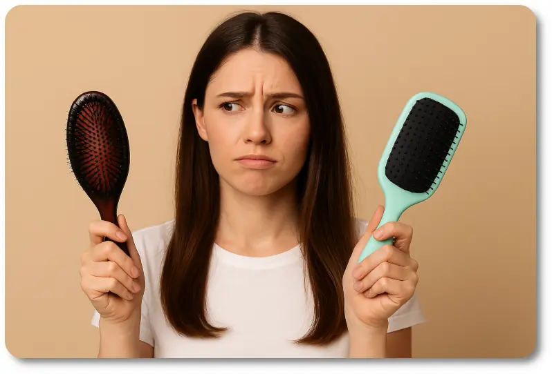 A high-resolution digital photograph features a young woman with straight brown hair wearing a white t-shirt, standing against a beige background. She holds a black boar bristle hairbrush in one hand and a mint-green paddle brush in the other, looking puzzled as she decides between them.