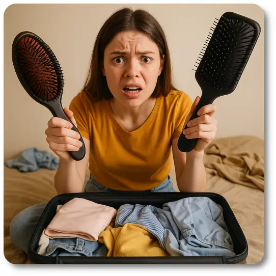 A young woman with long brown hair sits on a bed next to an open suitcase, holding two oversized hairbrushes with a frustrated expression. She wears a mustard yellow shirt, and the suitcase is stuffed with casual clothes.
