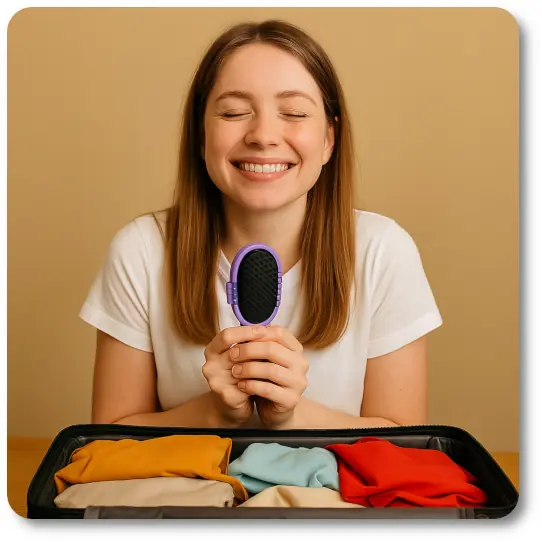 A_photograph_of_a_young_Caucasian_woman_happy_with_her_travel_hairbrush A smiling young woman with long brown hair holds a small folding travel hairbrush in both hands, looking relieved and happy. She sits behind a neatly packed suitcase filled with colorful folded clothes.
