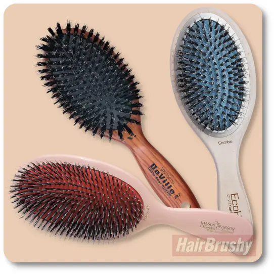 Best Boar Bristle Hairbrushes Compared – Mason Pearson, Spornette, Olivia Garden Custom comparison photo of Mason Pearson, Spornette DeVille, and Olivia Garden EcoHair boar bristle brushes, showing real brush logos, bristle types, and handle materials for shoppers evaluating the best brush for their hair type.