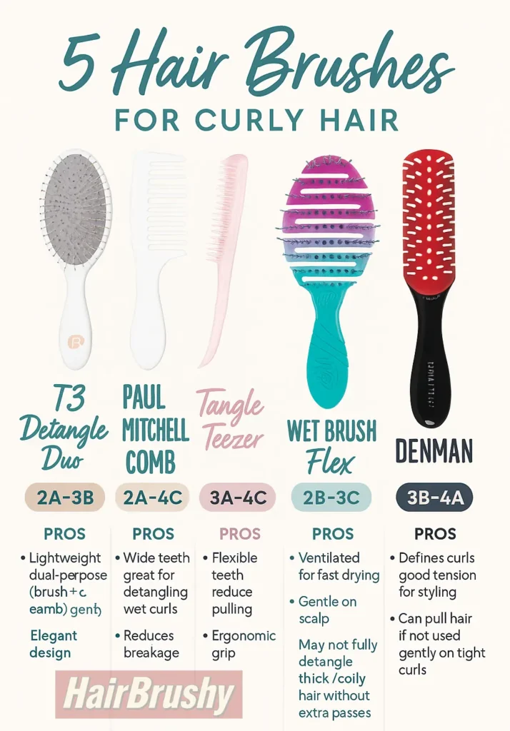 Infographic comparing 5 top brushes for curly hair: T3 Detangle Duo, Paul Mitchell Comb, Tangle Teezer, Wet Brush Flex, and Denman D41. Each brush is shown with curl type recommendations (2A to 4C) and a short list of pros such as detangling ability, comfort, and styling effectiveness. Stylish fonts and pastel background highlight differences in brush shape and function.