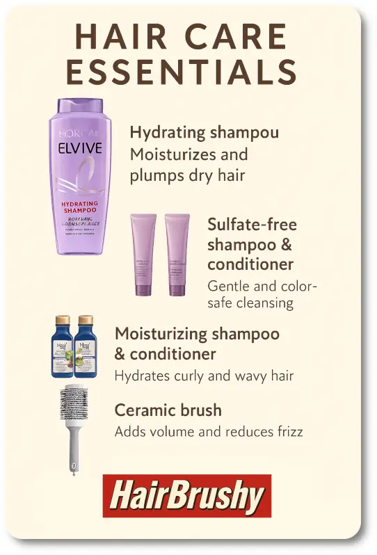 Infographic titled "Hair Care Essentials" featuring top-rated hair care products and tools on a beige background with rounded corners. Includes L’Oréal Elvive Hyaluron Plump Hydrating Shampoo for moisturizing dry hair, L’Oréal EverPure Sulfate-Free Shampoo and Conditioner for color-safe cleansing, Maui Moisture Coconut Milk Shampoo and Conditioner for hydrating curls and waves, and Olivia Garden Ceramic + Ion Round Brush for adding volume and reducing frizz. HairBrushy logo is displayed at the bottom. Ideal for mobile users seeking essential products for healthy, frizz-free hair.
