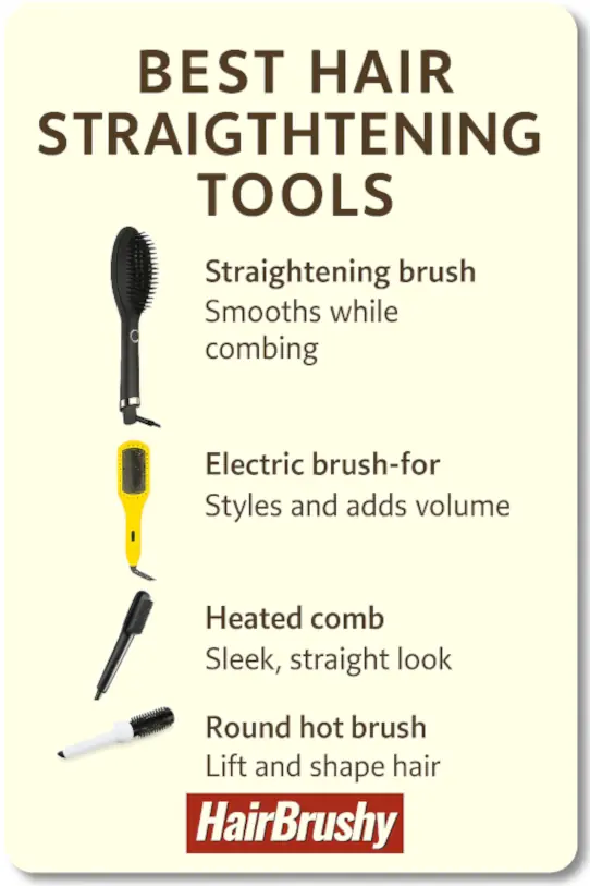 Infographic titled "Best Hair Straightening Brushes & Hot Tools" on a light beige background with rounded corners. Features small images of four hair styling tools: the GHD Glide straightening brush labeled “Smooths while combing,” the Drybar Brush Crush electric brush labeled “Styles and adds volume,” the TYMO Ring heated comb labeled “Sleek, straight look,” and the InStyler Freestyle Wand round hot brush labeled “Lift and shape hair.” Each tool is paired with a benefit description in clean, dark brown text. HairBrushy logo is displayed at the bottom. Optimized for mobile viewing and straight hair tool comparison.