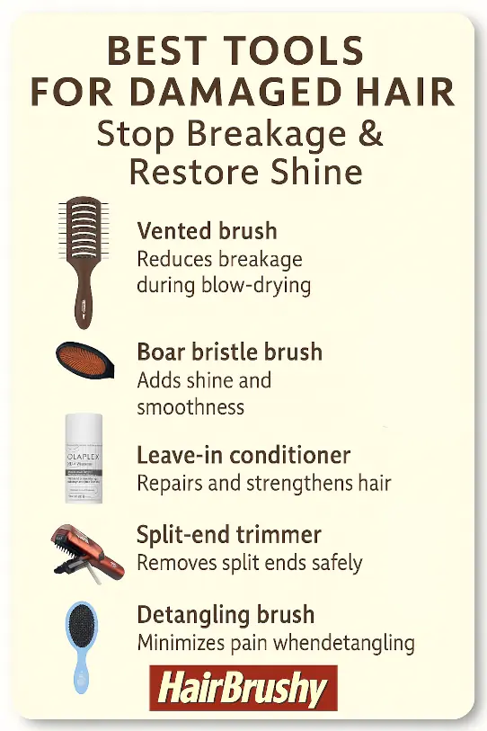 Infographic titled "Best Tools for Damaged Hair: Stop Breakage & Restore Shine" on a light beige background. Features five hair repair tools and products with small images and benefits listed in dark brown text. Includes the Spornette Ion Fusion Vented Brush (“Speeds up drying”), Mason Pearson Boar Bristle Brush (“Boosts shine”), OLAPLEX No.5 Leave-In Conditioner (“Repairs hair”), Split-Ender Pro 2 (“Removes split ends”), and Wet Brush Detangler (“Gentle on fragile strands”). HairBrushy logo appears at the bottom. Optimized for mobile viewers searching for breakage-reducing and shine-restoring hair tools.