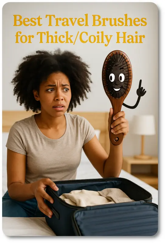 A young African-American woman with coily hair sitting on a bed, trying to pack a suitcase. She looks frustrated while holding a large hairbrush that has a cartoonish face and is raising a finger as if saying 'no go' emphasizing the challenge of packing bulky hair tools for travel