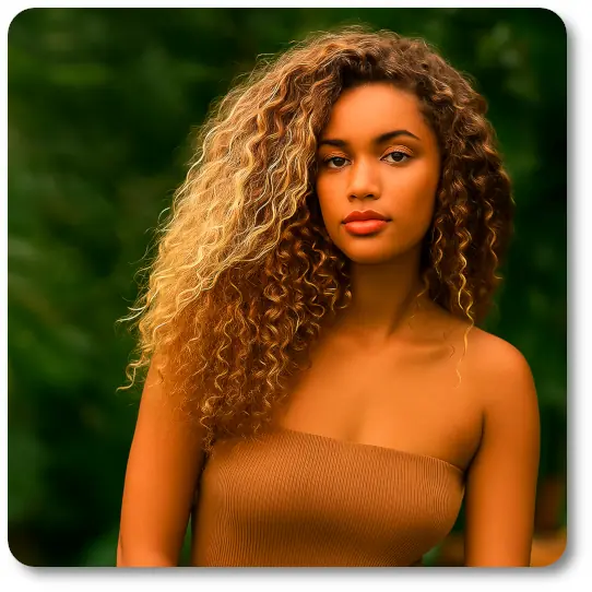 Woman with voluminous, smooth natural hair smiling confidently after using no-heat blowout products