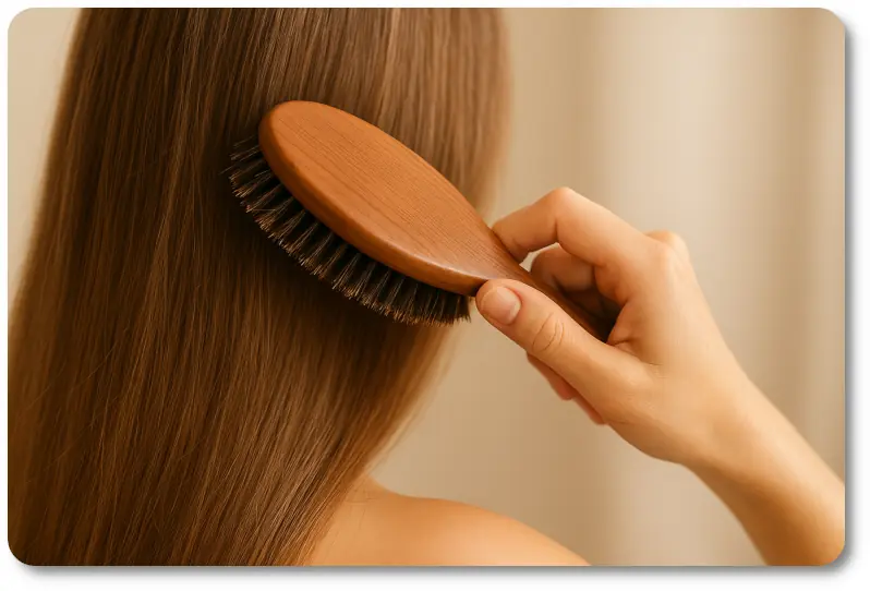 Real user brushing fine, straight hair with a boar bristle brush to reduce oily roots and hydrate dry ends—demonstrating long-term hair health benefits for those considering a natural haircare upgrade.