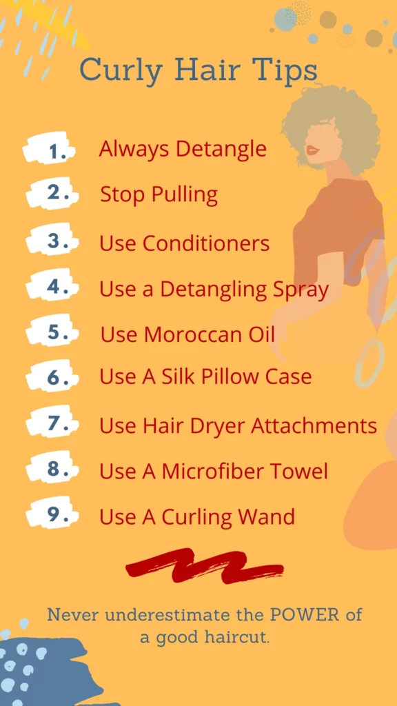 Curly hair care tips infographic listing 9 steps for healthy curls, including detangling, conditioners, silk pillowcases, and more