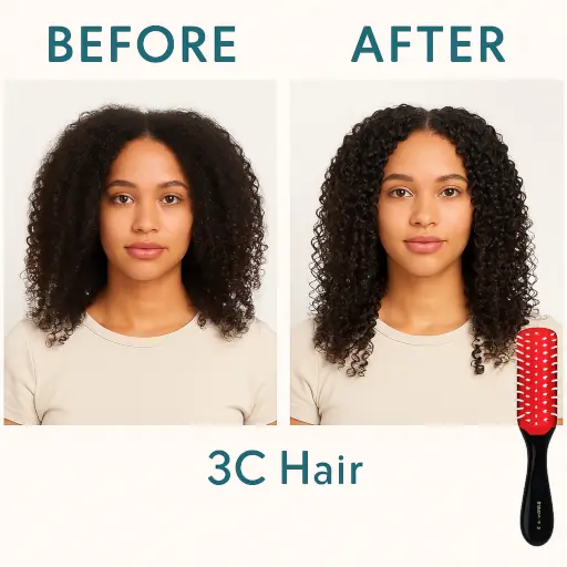 Side-by-side image showing before and after results of using a Denman brush on 3C hair. The left side shows natural, undefined curls with some frizz labeled “BEFORE,” while the right side shows defined, clumped curls with enhanced shine and reduced frizz labeled “AFTER.” A Denman D3/D4 brush is displayed beside the after image. Ideal for demonstrating curl definition and styling results for product or brush comparison pages