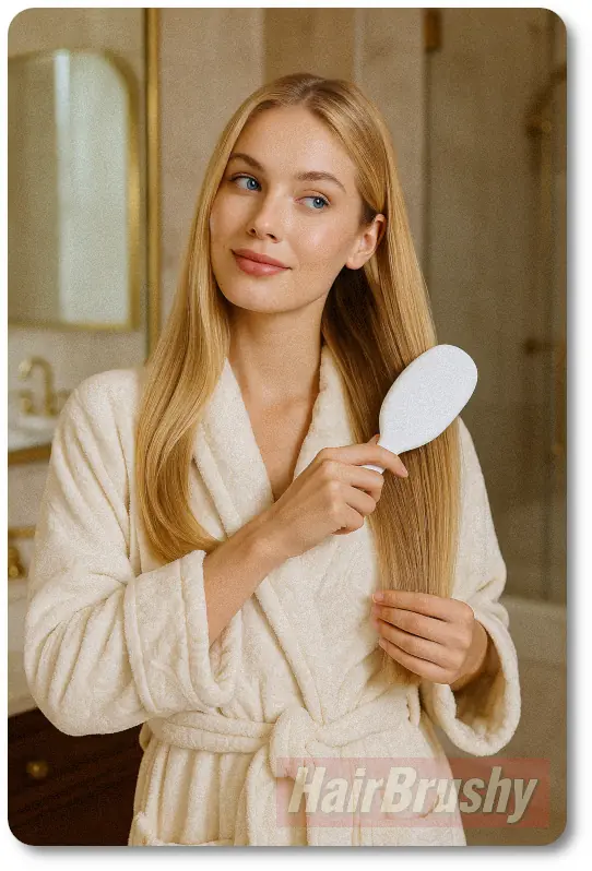 Real-Life Use of Briogeo Vegan Boar Bristle Brush for Fine Hair After Shower – HairBrushy Review A young blonde woman with blue eyes brushes her fine, damp hair using the Briogeo Vegan Boar Bristle Brush in a luxurious bathroom setting. Wearing a plush robe post-shower, she shows gentle detangling with a white-handled brush ideal for soft, breakage-free styling.