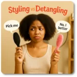 African-American woman with natural hair stands in a bright, modern bathroom holding two hairbrushes—one brush has a speech bubble saying "Pick me", while the other says "No, I'm better"—visually representing the struggle to choose between a detangling and styling brush.