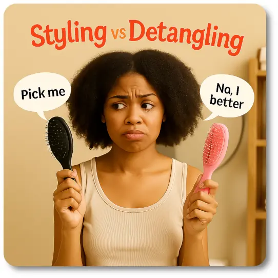 African-American woman with natural hair stands in a bright, modern bathroom holding two hairbrushes—one brush has a speech bubble saying "Pick me", while the other says "No, I'm better"—visually representing the struggle to choose between a detangling and styling brush.