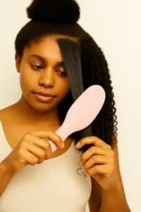Young woman with 4A natural hair sections her curls and uses a soft pink Tangle Teezer brush to gently detangle a stretched strand. The brush is shown from the back with no visible bristles, demonstrating proper technique and low breakage on thick, coily hair. The image captures a moment of focused self-care and highlights the brush’s effectiveness for reducing damage during detangling