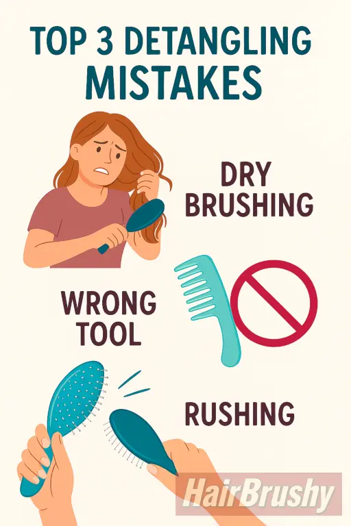 Flat-style infographic titled “Top 3 Detangling Mistakes” with illustrated sections for each mistake. The first shows a woman painfully dry brushing her tangled hair. The second depicts a wide-tooth comb crossed out with a red “no” symbol under the label “Wrong Tool.” The third shows two hands forcefully yanking a detangling brush through hair with motion lines and broken bristles, labeled “Rushing.” Designed to visually highlight key detangling errors and promote proper technique
