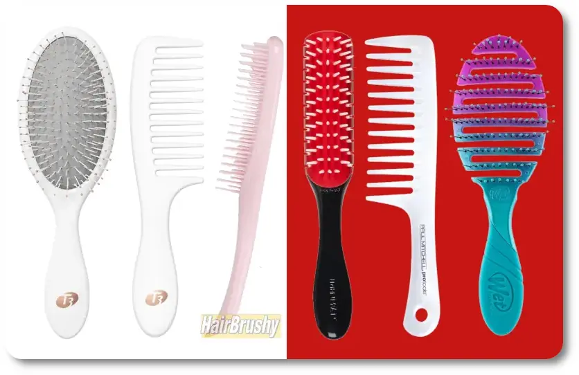 Side-by-side lineup of the best brushes for curly hair including the Denman D3, Wet Brush Flex Dry, Tangle Teezer Ultimate Detangler, Paul Mitchell Wide Tooth Comb, and the T3 Detangle Duo shown on a red and white HairBrushy-branded background.