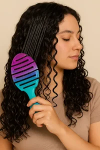 A young woman with 3B curly hair brushes through her wet, defined curls using a Wet Brush Flex featuring a fuchsia-to-teal ombre design. The brush is in her hand, mid-stroke, highlighting the slip, shine, and smooth detangling action. Her curls appear glossy and clumped, framed by a soft off-white background that emphasizes product use and styling benefits. Ideal visual for demonstrating real-life brushing results on wet curly hair.