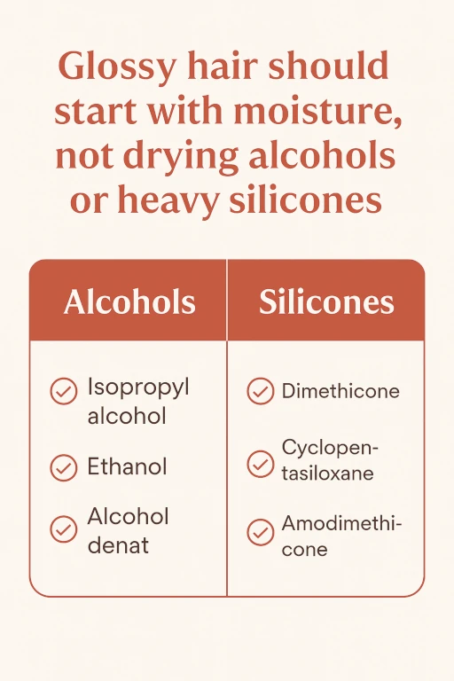 avoid-drying-alcohols-heavy-silicones-for-glossy-hair-hairbrushy-infographic Infographic showing ingredients to avoid for glossy hair, warning against drying alcohols and heavy silicones with subtle HairBrushy branding and clear red X marks.