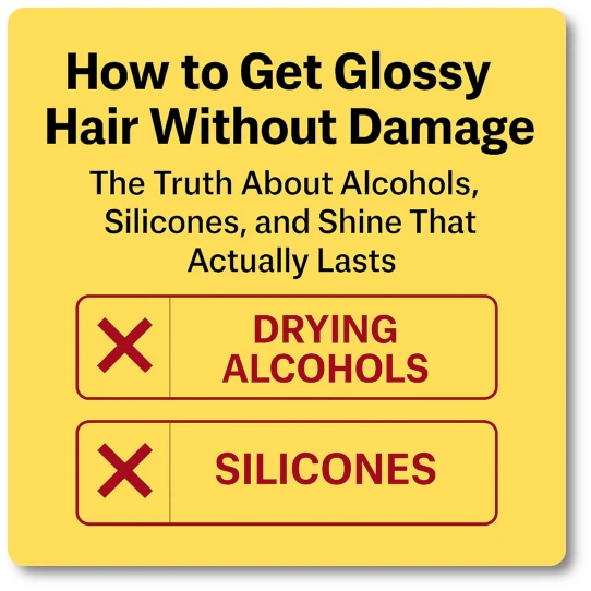 avoid-drying-alcohols-heavy-silicones-glossy-hair-guide-hairbrushy Infographic warning against drying alcohols and heavy silicones in hair products, with red X marks and HairBrushy branding for glossy hair guidance