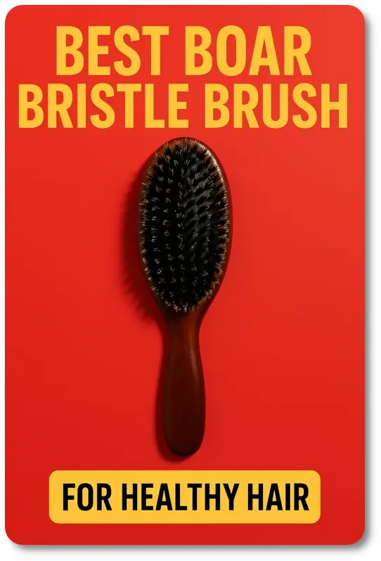 Dark wooden boar bristle hairbrush on red background with bold yellow text reading 'Best Boar Bristle Brush for Healthy Hair' hero image for HairBrushy article