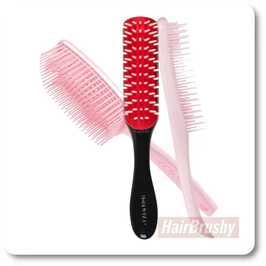 Custom comparison photo of the Denman D31, Crave Naturals Glide Thru, and Tangle Teezer Ultimate Detangler three detangling brushes tested by Ed Shears for thick hair. Bristles, shape, and grip shown to help readers choose the right tool for volume, curl definition, or painless detangling