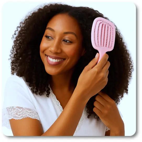 crave-naturals-detangling-brush-thick-curly-hair-in-use-ed-shears African-American woman with thick curly hair using the Crave Naturals Glide Thru detangling brush. Image shows proper grip and brushing technique for pain-free detangling tested and photographed by Ed Shears.