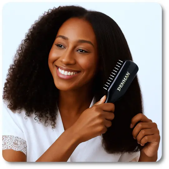 denman-d41-detangling-brush-for-thick-curly-hair-in-use-ed-shears Smiling African-American woman using the Denman D41 7-Row Detangling Brush on thick curly hair. Half-detangled results clearly visible showcasing brush performance and technique from Ed Shears' original product testing.