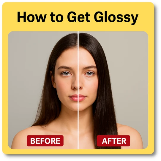 Split image showing a woman with dull hair on one side and ultra-glossy hair on the other, with text reading 'How to Get Glossy' across the center