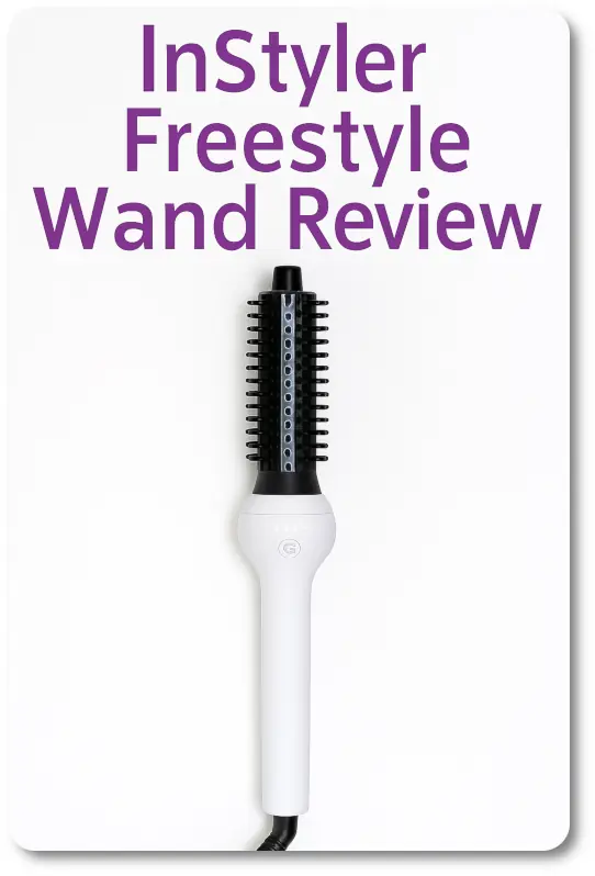 Vertical image of the InStyler Freestyle Wand with black bristle barrel and white handle, shown upright on a white background with review title text for HairBrushy article