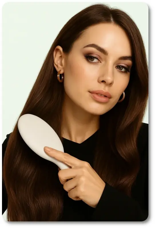 Woman brushing long, smooth hair with a white flexible detangler brush—ideal for showcasing gentle, synthetic bristle performance on straight to wavy hair.