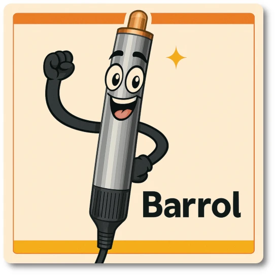 Barrol, an animated curling barrel with a shiny silver-and-copper body, big expressive eyes, a wide grin, and raised fist, on a plain beige background framed in orange.