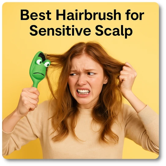 a young woman struggling with a hairbrush that has a cartoon frog face. In the image, she appears frustrated while trying to brush her tangled hair. The concept humorously illustrates the challenge of using the wrong hairbrush on a sensitive scalp.